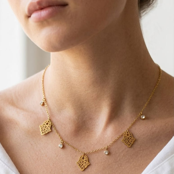 Hamsa Crystal Charm Choker Necklace
