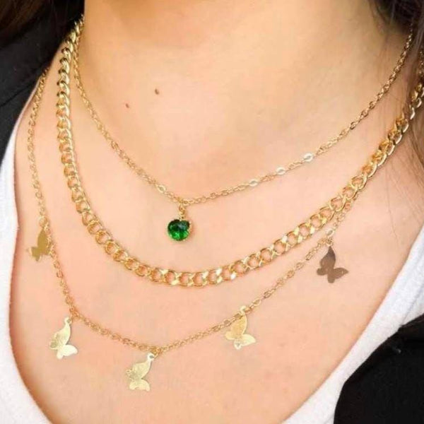 Triple Layer Curb Butterflies Necklace