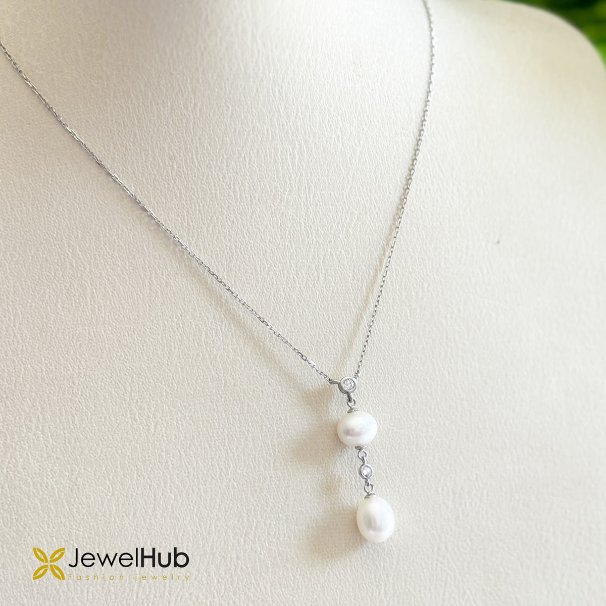 Double Pearl Drop Sterling Silver Chain Necklace