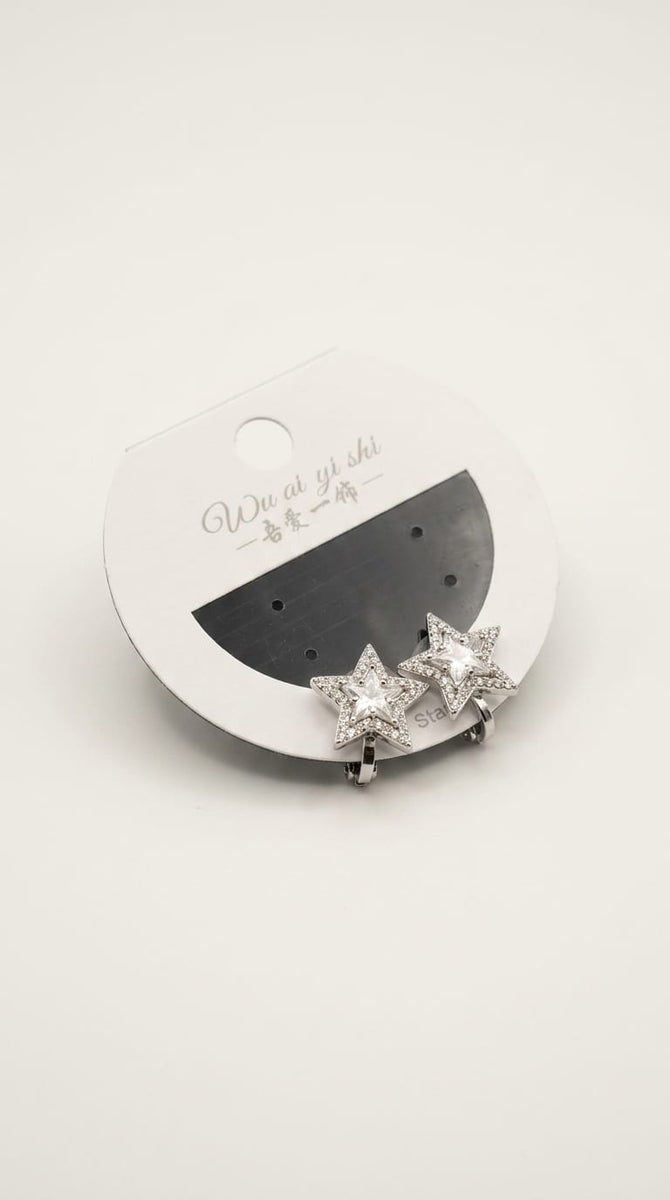 Celestial Star Crystal Clip-On Earrings – Silver Pavé Studs