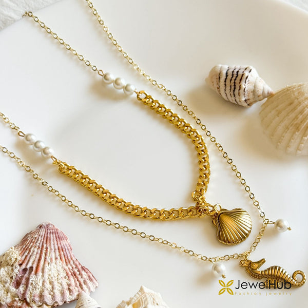 Golden Shell & Seahorse Layered Necklace Set