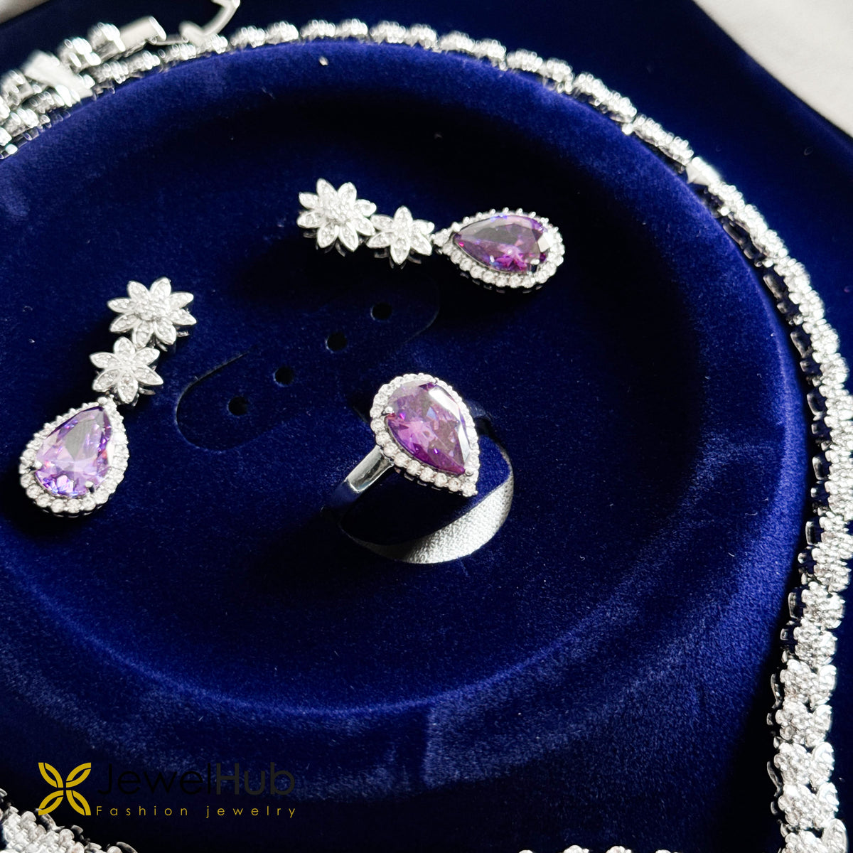 Silver-Plated Purple Pear-Cut CZ Jewelry Set – V-Shape