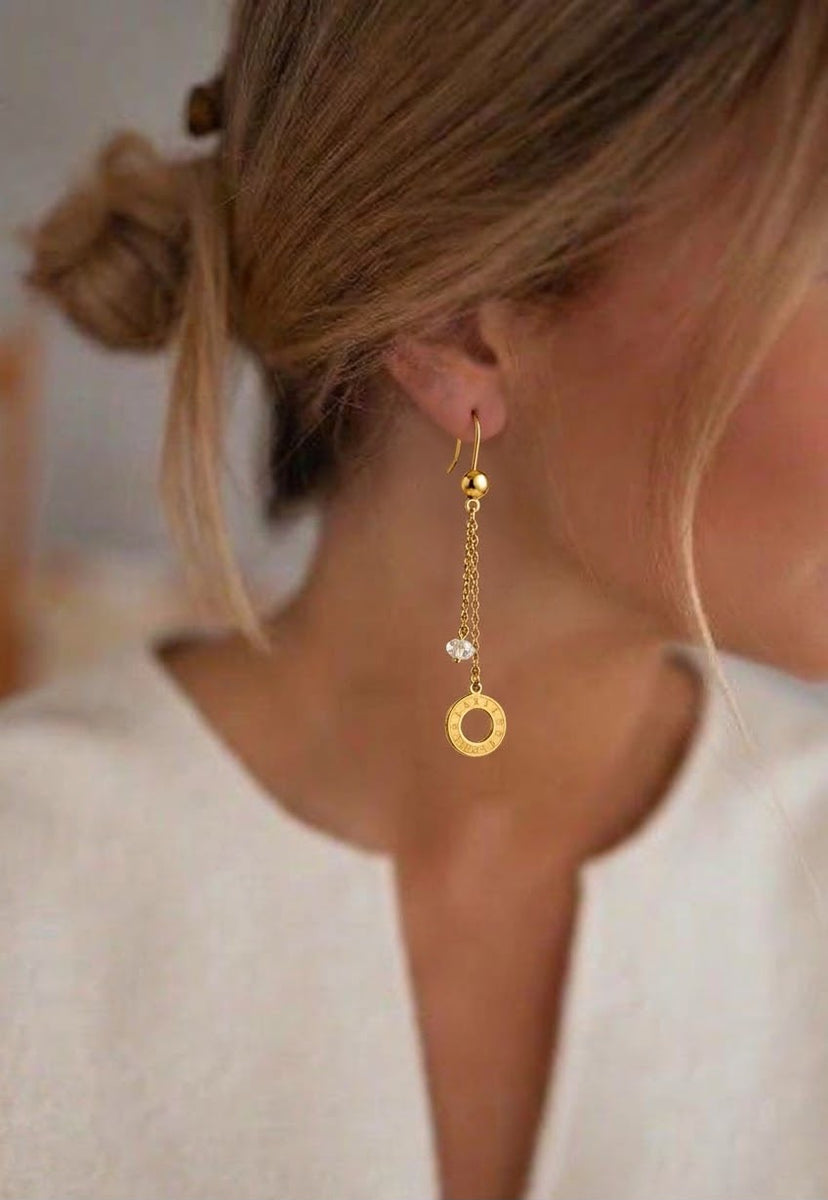 Gold Roman Numeral Disc Drop Earrings