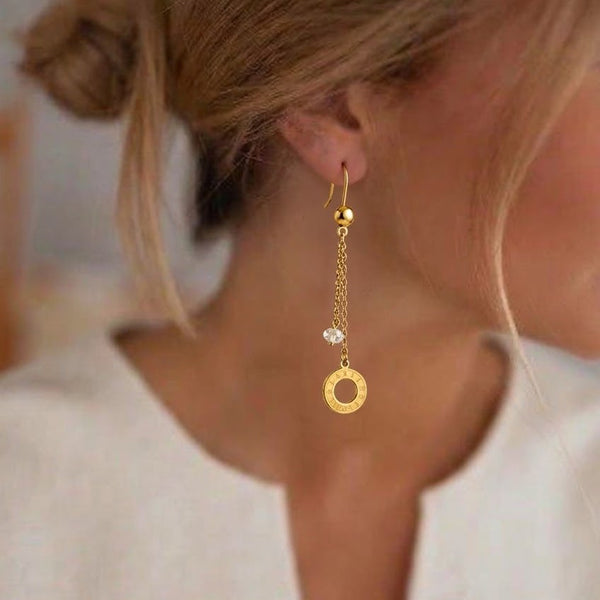 Gold Roman Numeral Disc Drop Earrings
