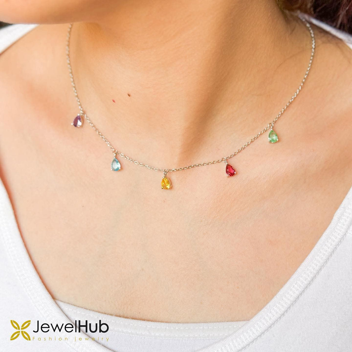Multicolor Pear Cut Gemstone Station Necklace