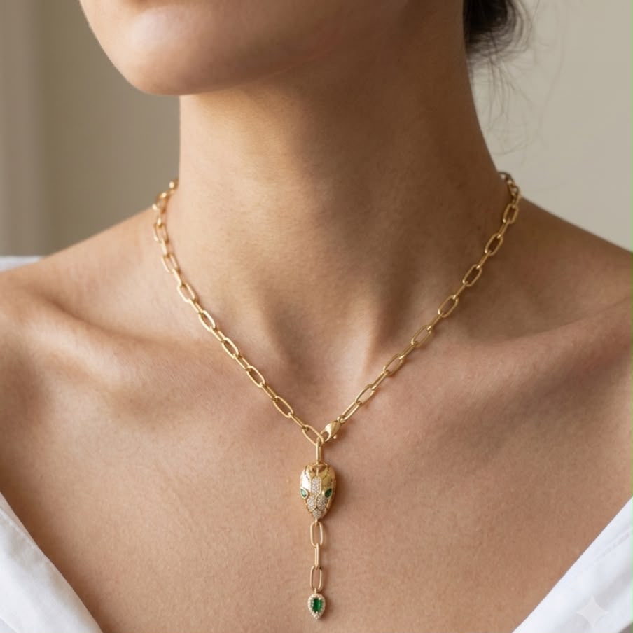 Bold Gold Paperclip Link Chain with Snake Head Pendant Necklace