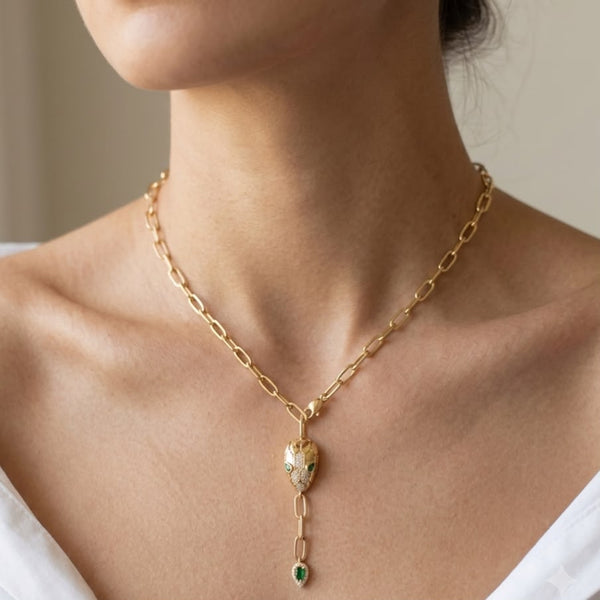 Bold Gold Paperclip Link Chain with Snake Head Pendant Necklace