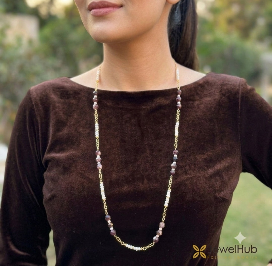 Pearl & Marble Stone Long Station Necklace