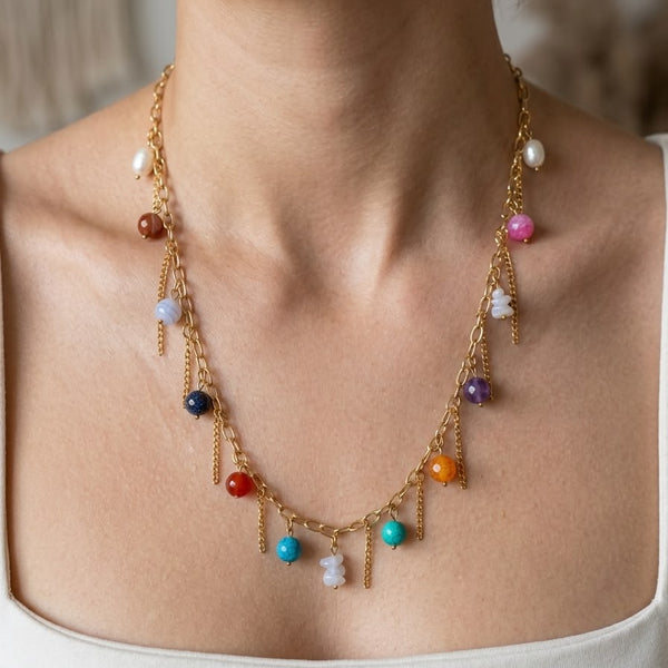 Boho Gemstone & Pearl Cascade Necklace
