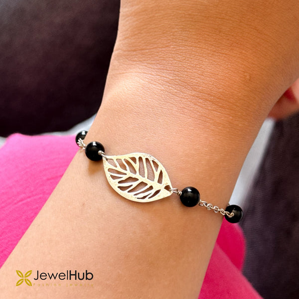 Silver Cutout Leaf & Black Bead Chain Bracelet