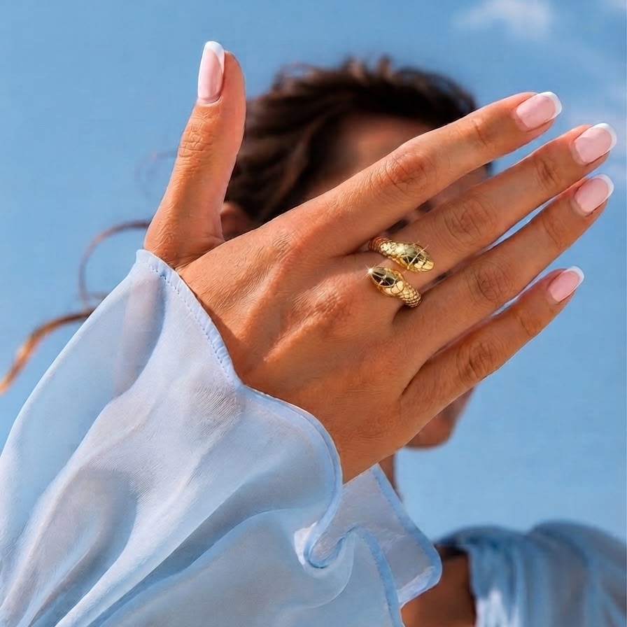 Textured Double Snake Head Open Ring