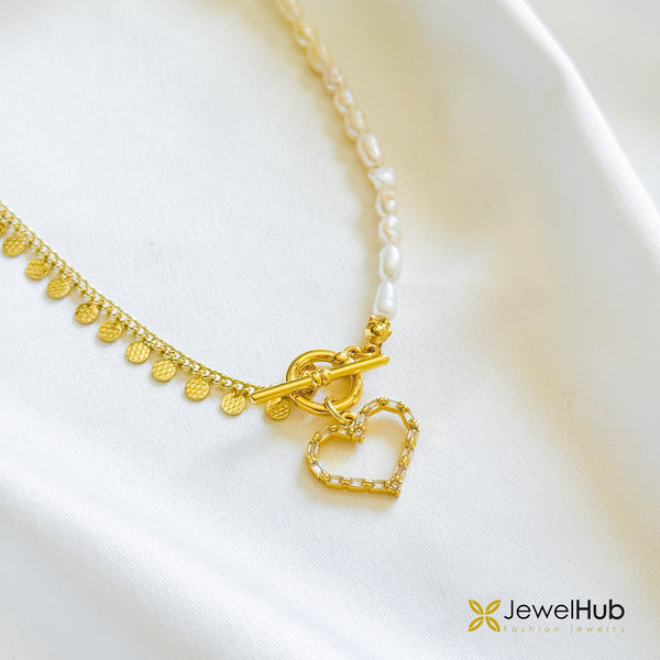 Pearl & Gold Disc Necklace with Pavé Heart