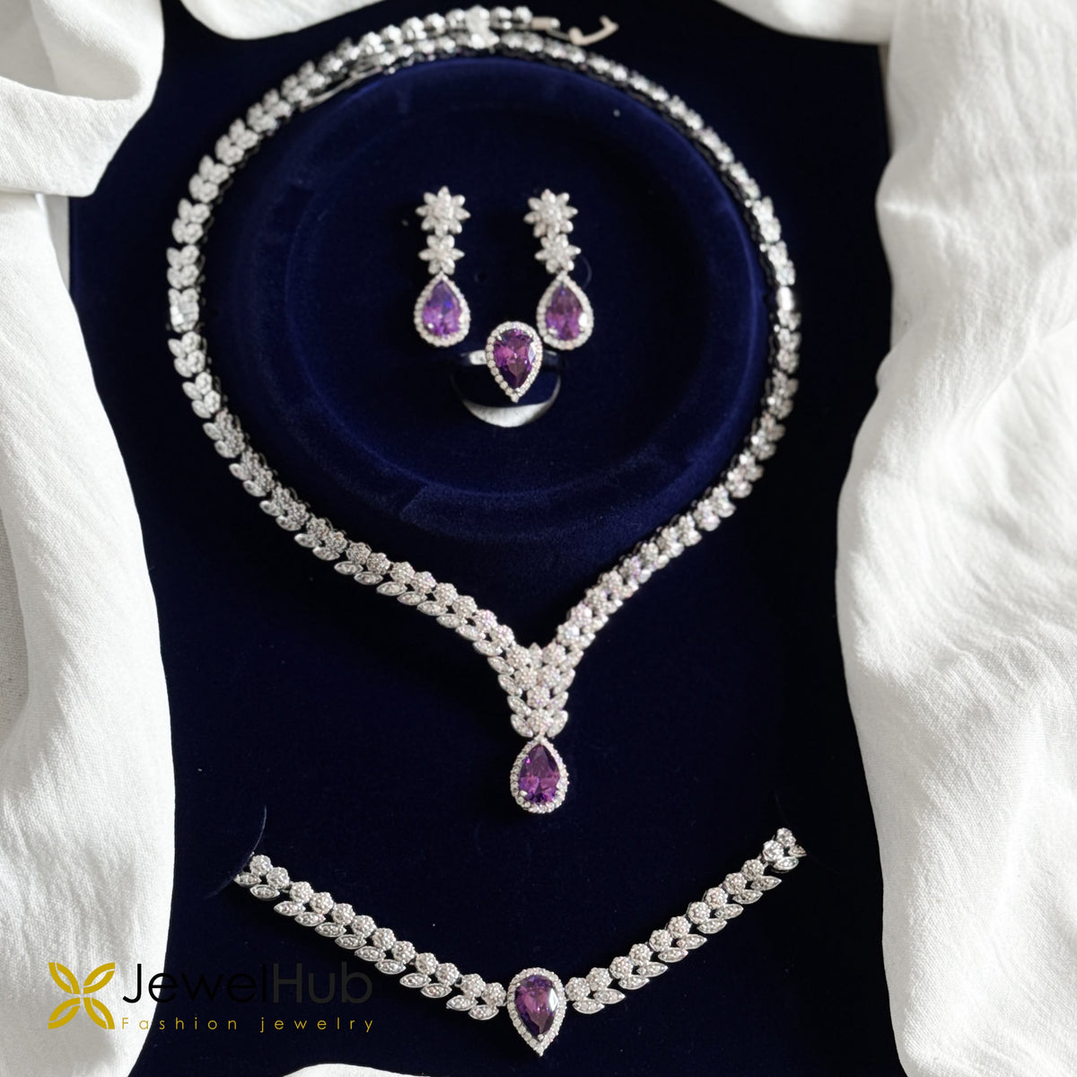 Silver-Plated Purple Pear-Cut CZ Jewelry Set – V-Shape