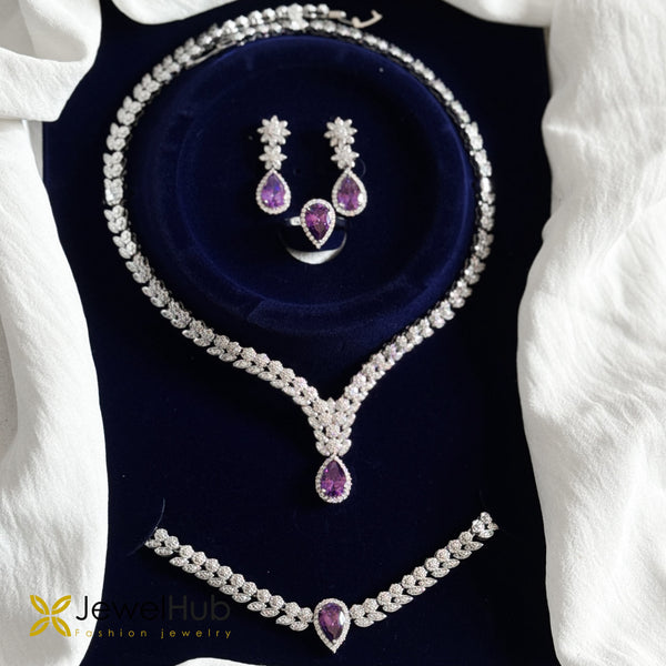 Silver-Plated Purple Pear-Cut CZ Jewelry Set – V-Shape