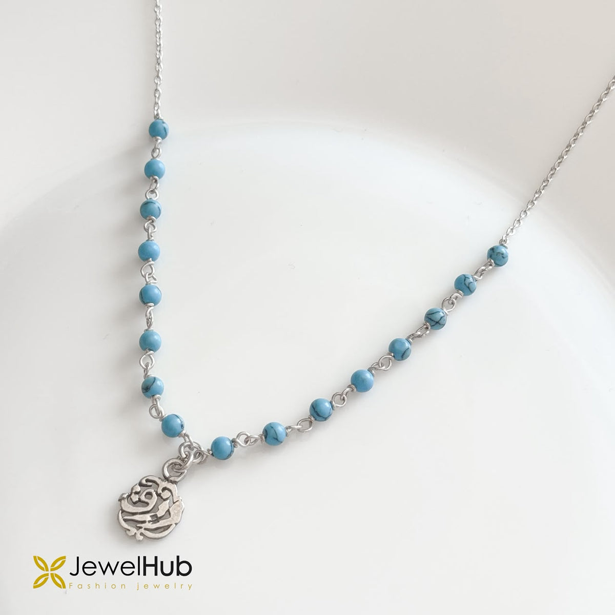 Arabic Calligraphy Pendant Necklace with Turquoise Bead Chain رزق