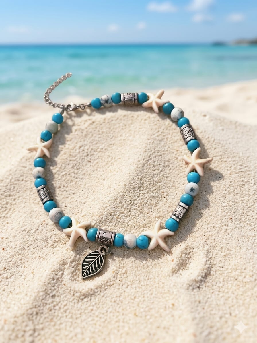 Turquoise & Marble Beaded Summer Anklet