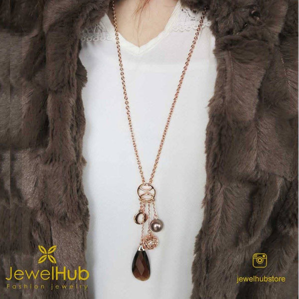 Rose Gold Necklace – Earthy Brown Drop Pendant Boho Jewelry