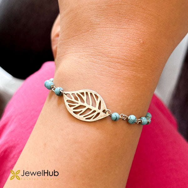 Silver Cutout Leaf & Turquoise Bead Chain Bracelet