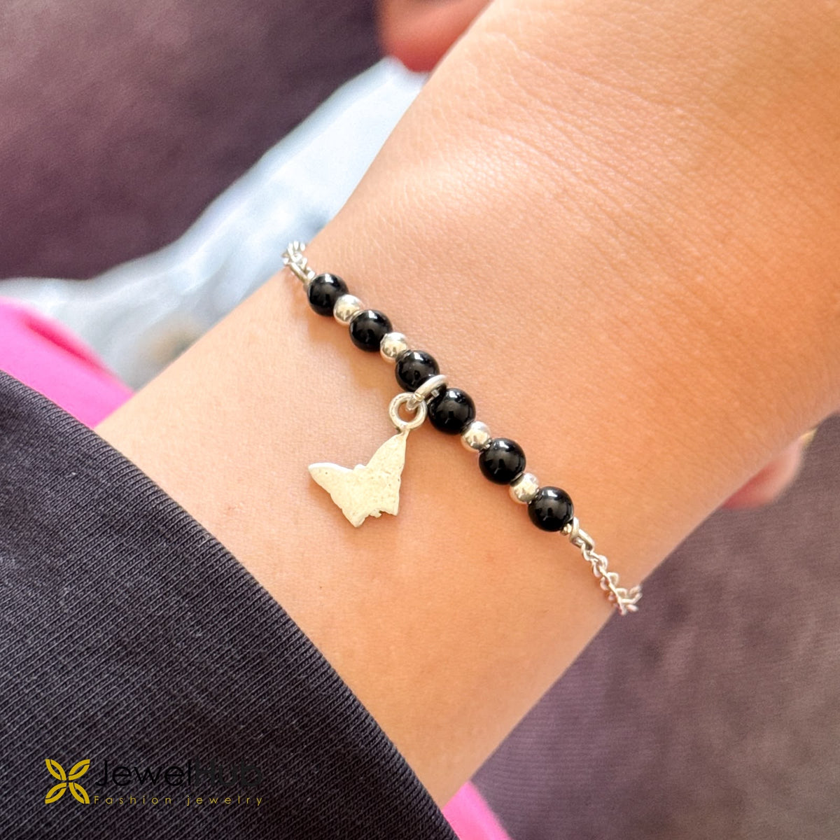 Silver Butterfly Charm & Black Bead Chain Bracelet