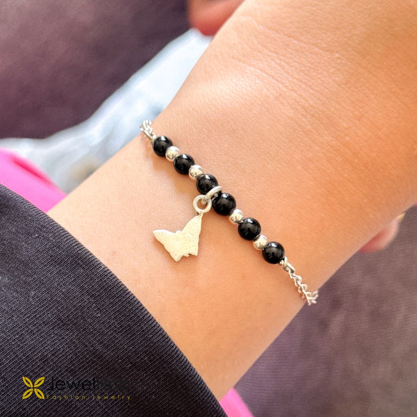 Silver Butterfly Charm & Black Bead Chain Bracelet