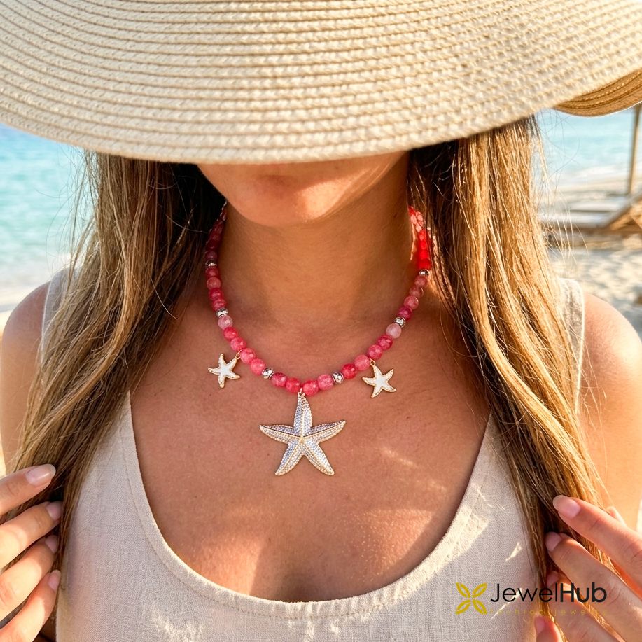Pink Beaded Starfish Charm Necklace