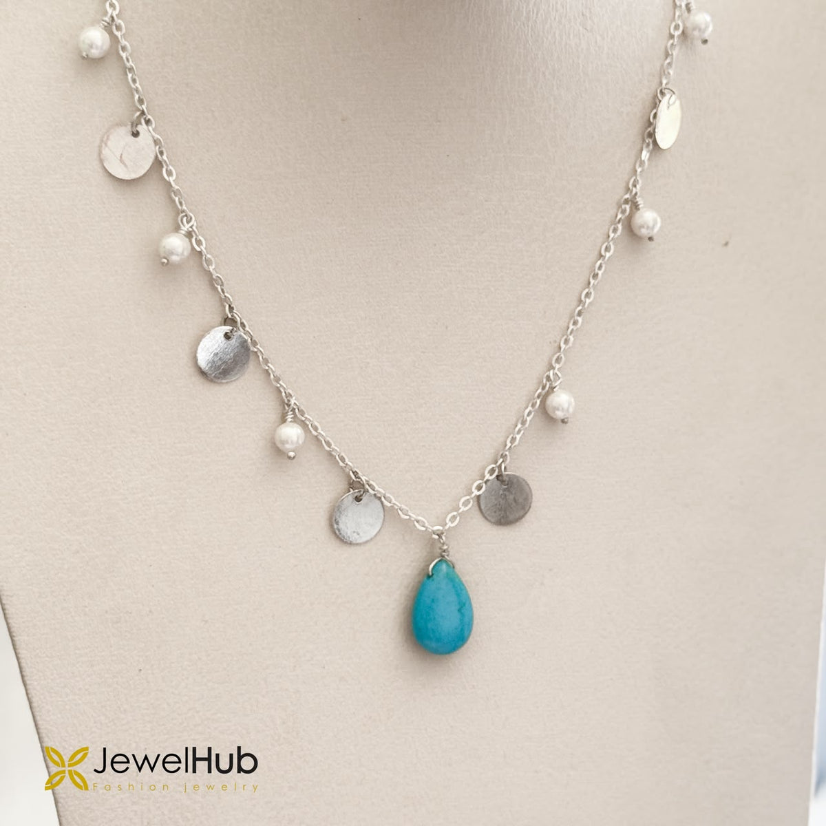 Silver Charm Necklace with Pearl Beads, Coins & Turquoise Teardrop Pendant