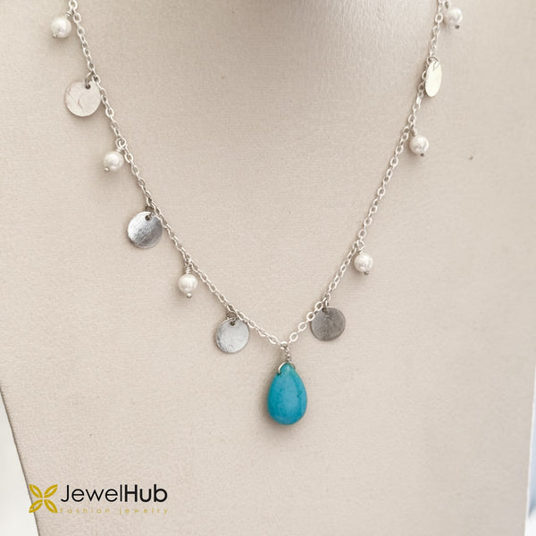Silver Charm Necklace with Pearl Beads, Coins & Turquoise Teardrop Pendant