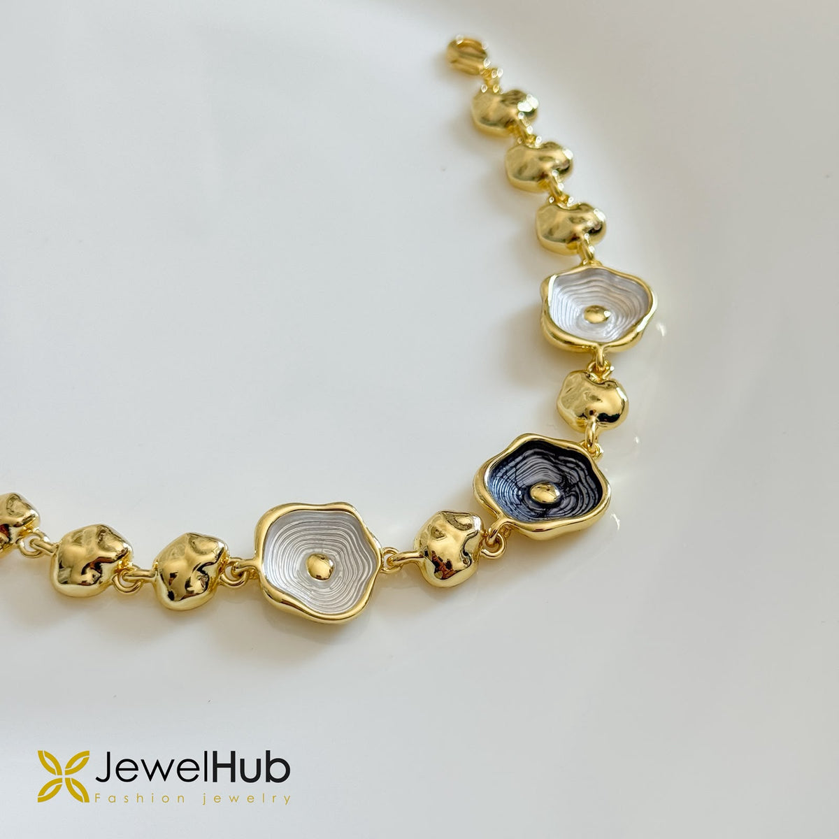 Gold Black & White Organic Flower Station Bracelet – Textured Enamel Link Bracelet