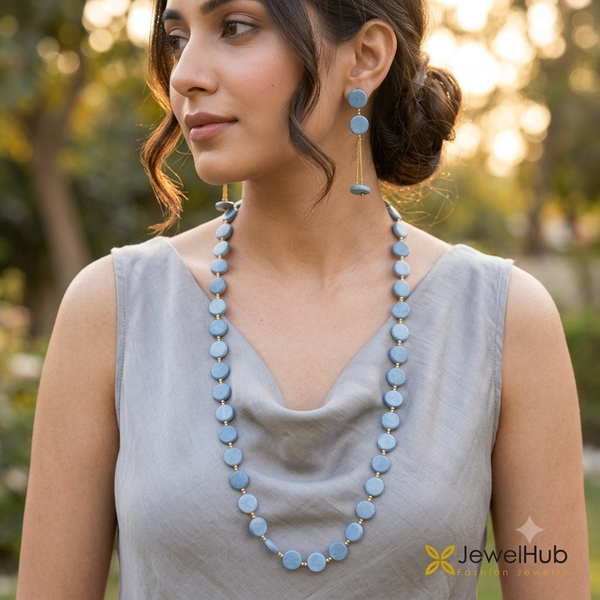 Dusty Blue Disc Beaded Long Necklace