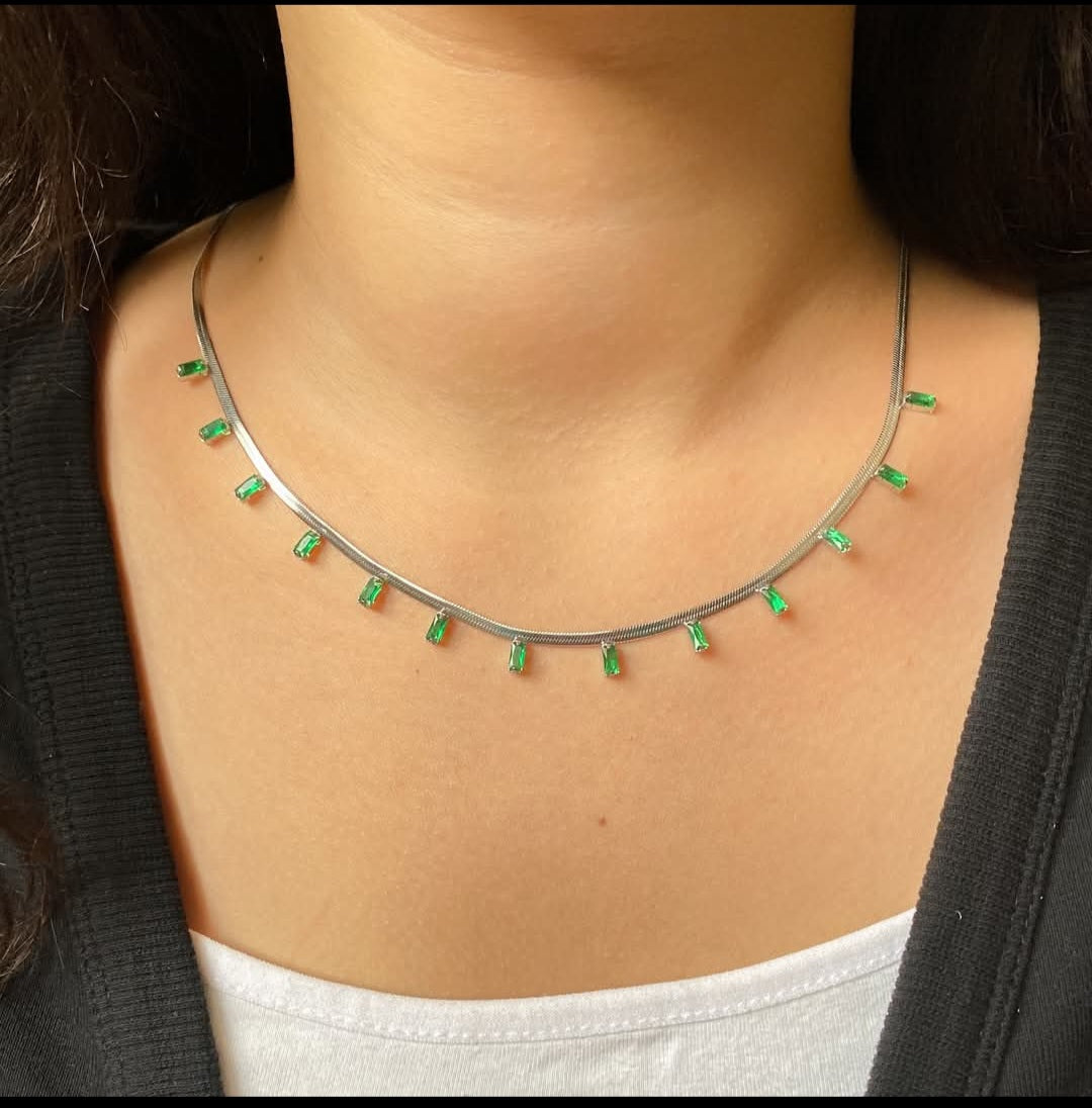 Emerald Baguette Herringbone Necklace