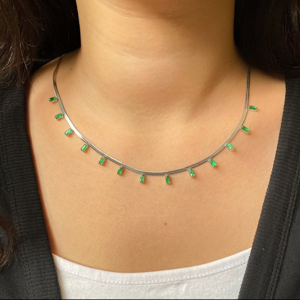 Emerald Baguette Herringbone Necklace