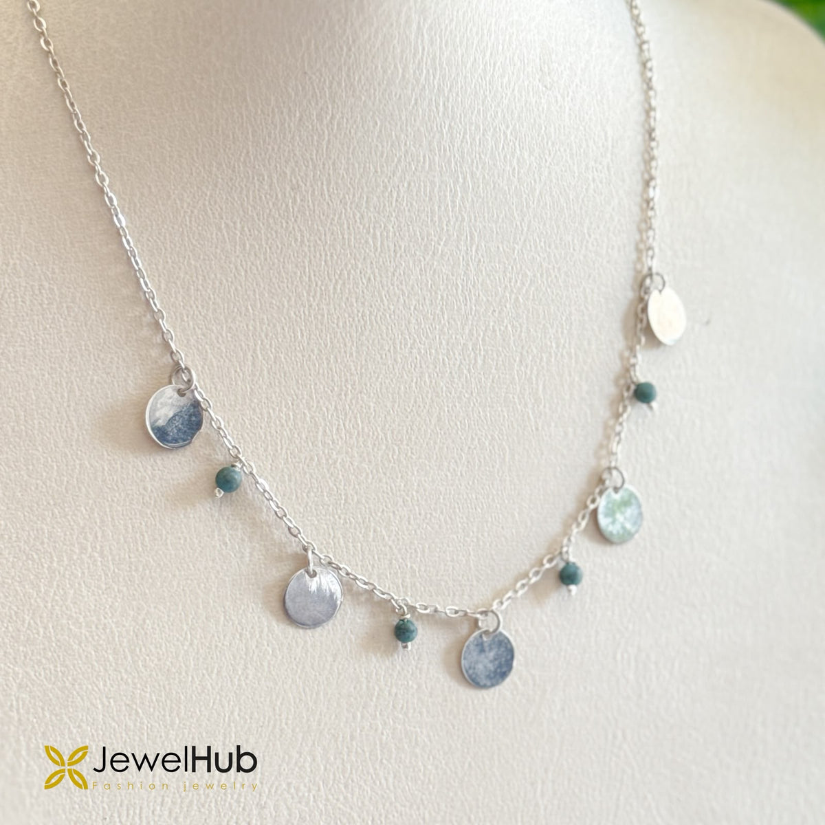 Silver Multi-Disc Charm Necklace with Turquoise Bead Dangles