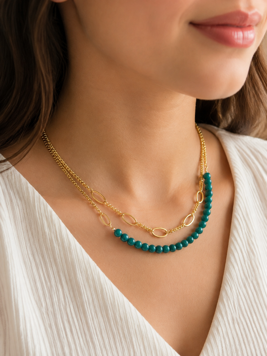 Turquoise Beaded Gold-Tone Necklace