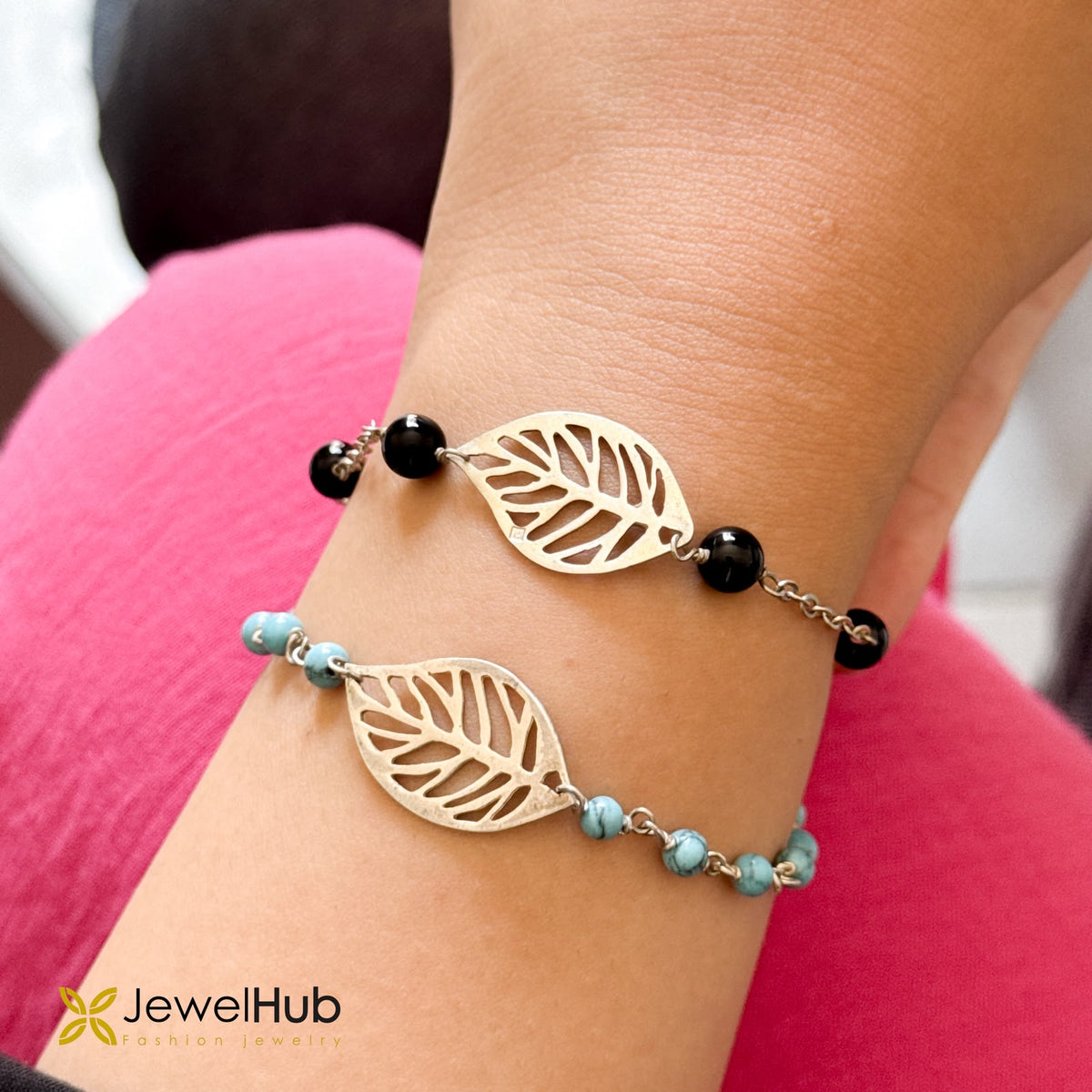 Silver Cutout Leaf & Black Bead Chain Bracelet