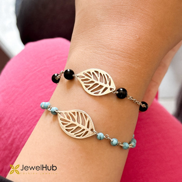 Silver Cutout Leaf & Black Bead Chain Bracelet