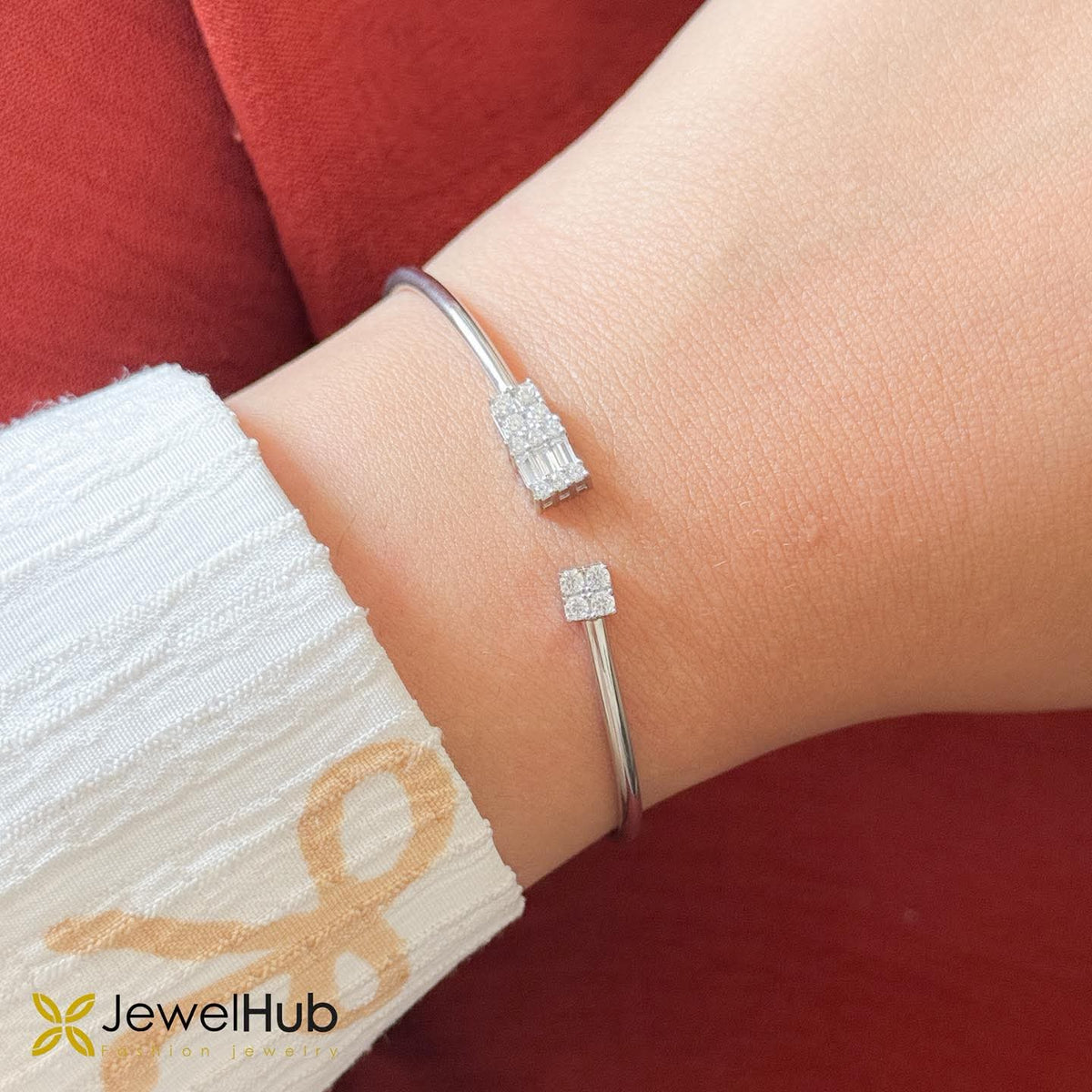 Modern Silver Baguette & Pavé Diamond Open Cuff Bangle
