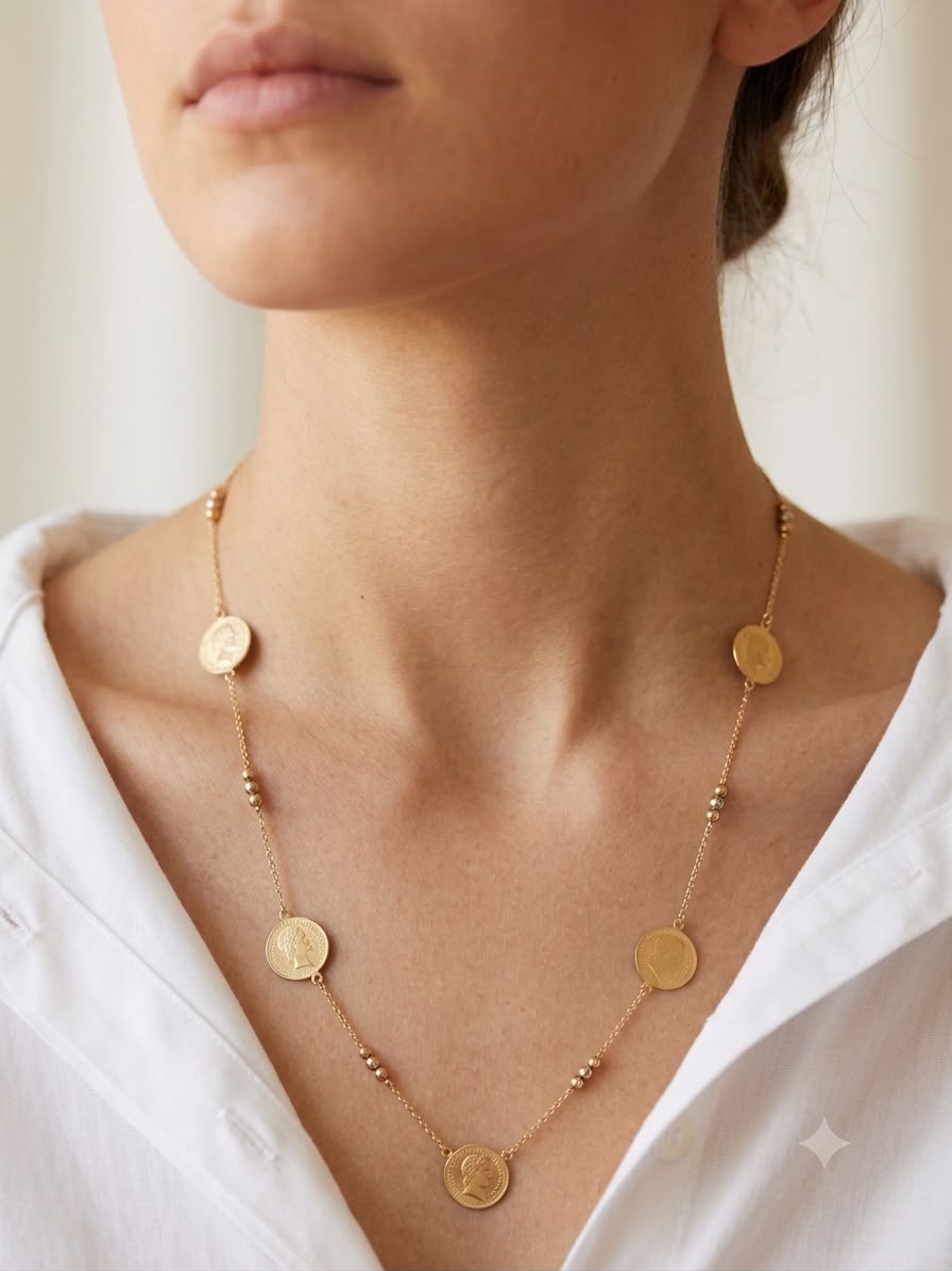Gold Multi-Coin Medallion Station Necklace