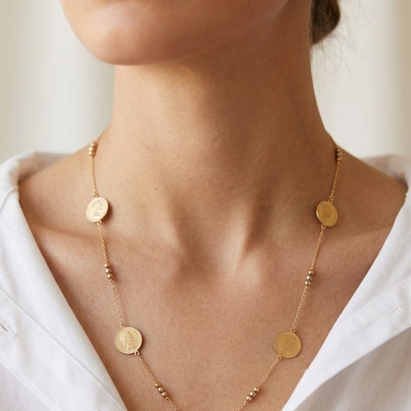 Gold Multi-Coin Medallion Station Necklace