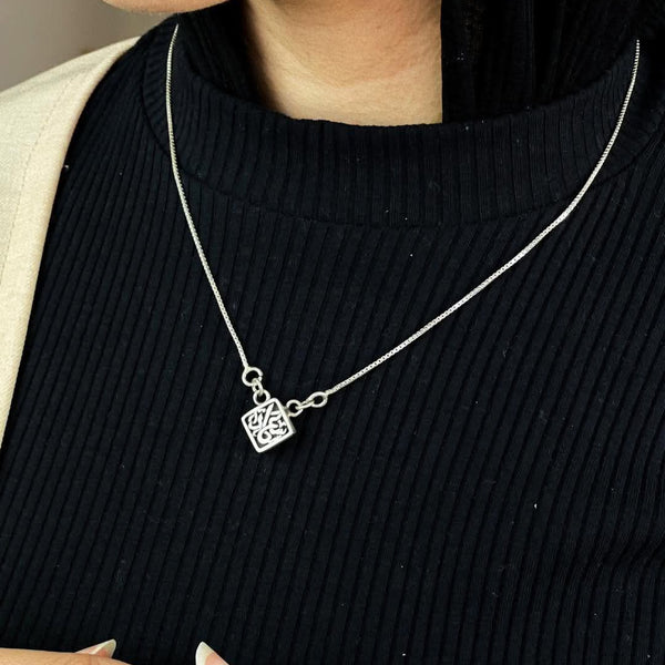 Geometric  Square Pendant Necklace – Fine Silver Tone Chain سعادة