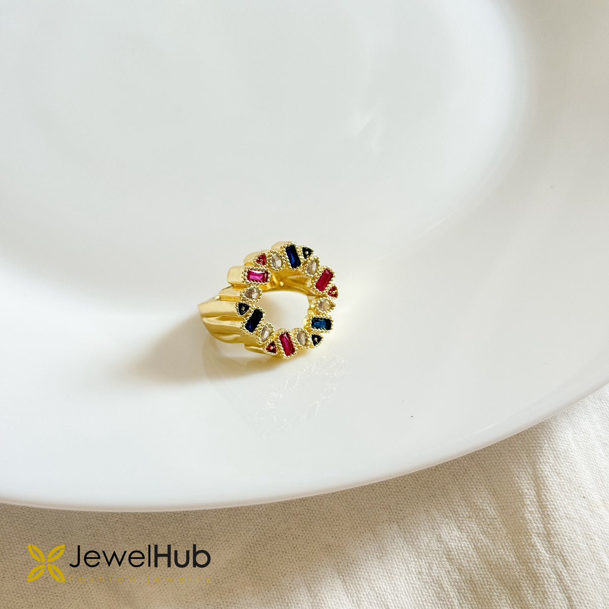 Multi-Color CZ Signet Ring Open Circle Baguette Cut Ring