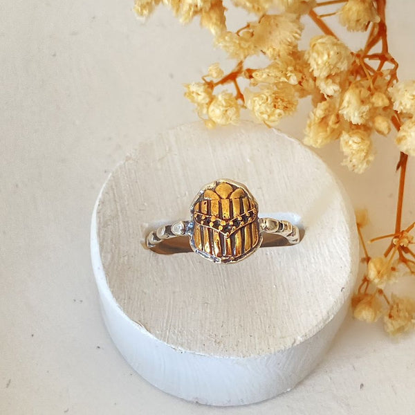 Golden Scarab Sterling Silver Ring