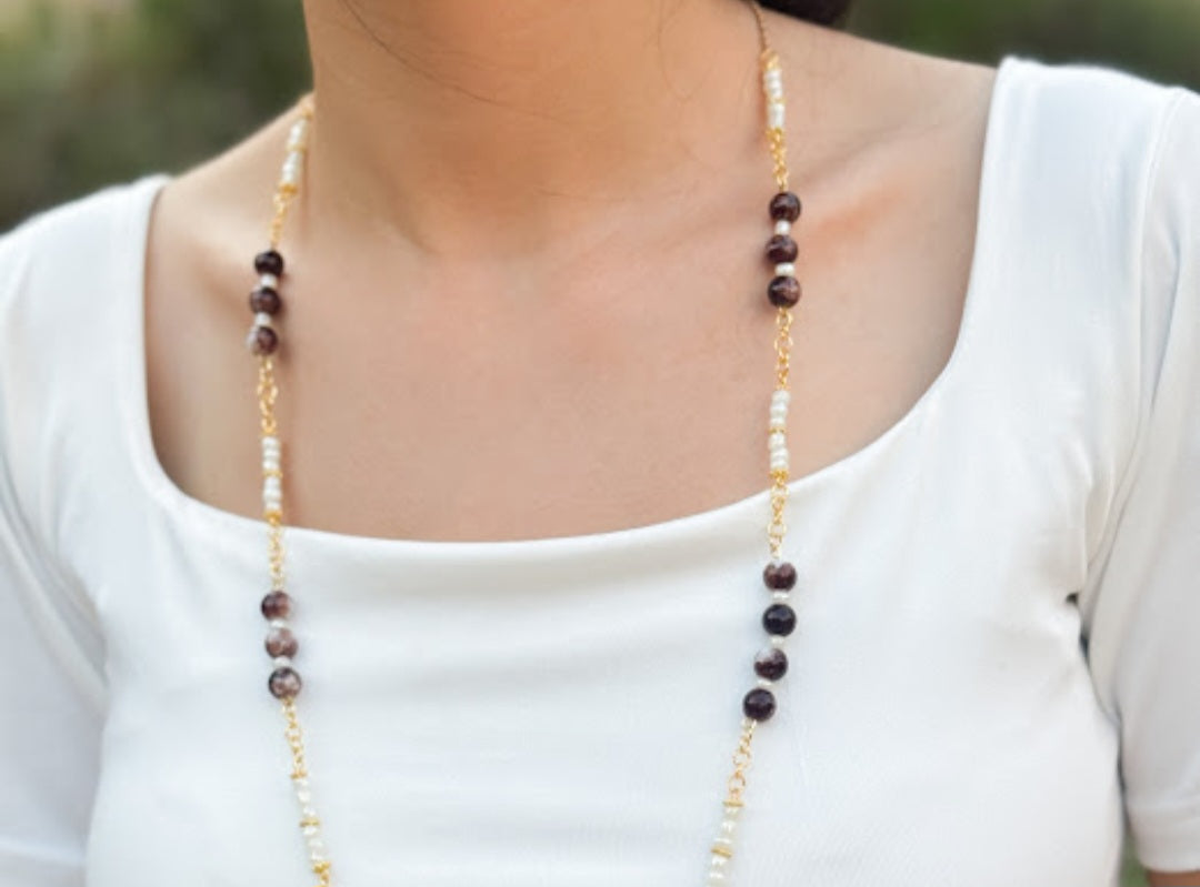Pearl & Marble Stone Long Station Necklace