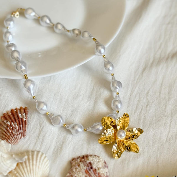 Pearl & Hammered Gold Flower Statement Necklace
