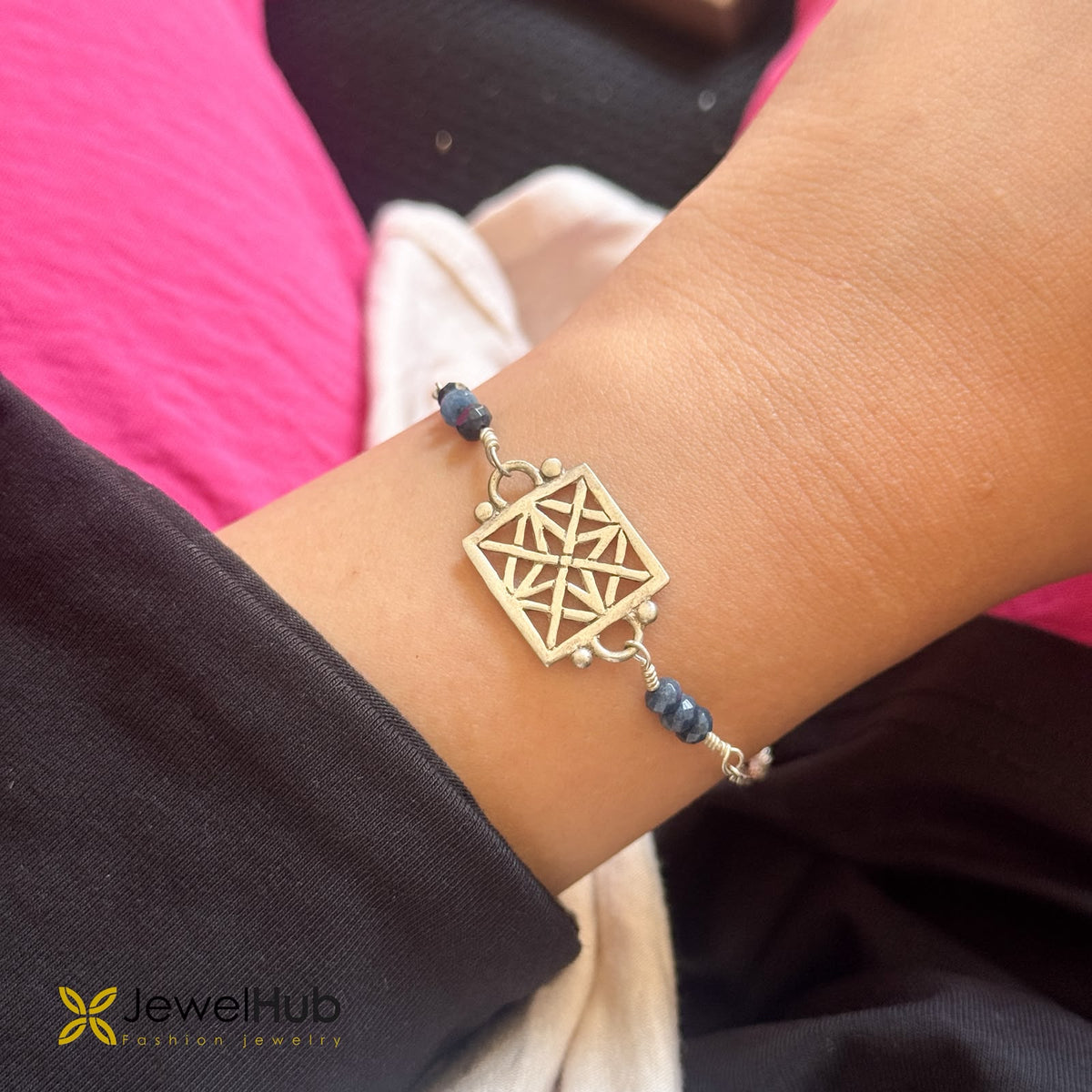 Silver Lattice Square Bracelet with Dark Blue Stone Beads