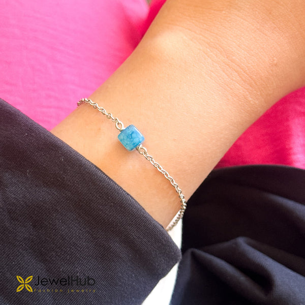 Minimalist Silver Chain Bracelet with Square Blue Cracked Agate