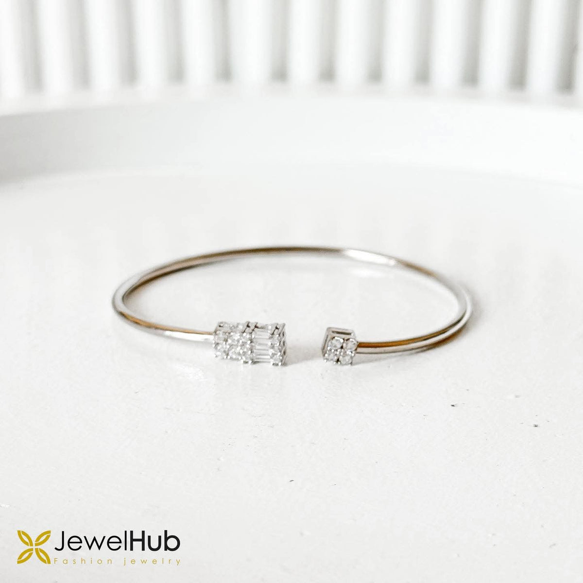 Modern Silver Baguette & Pavé Diamond Open Cuff Bangle