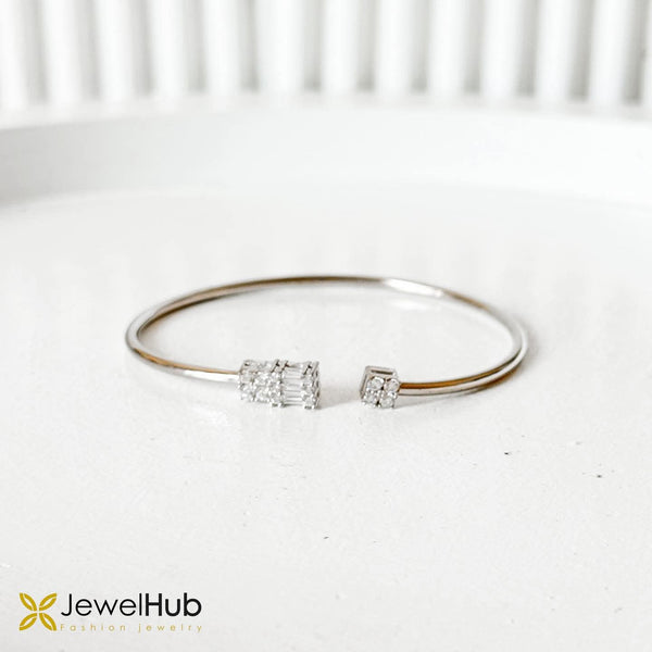 Modern Silver Baguette & Pavé Diamond Open Cuff Bangle