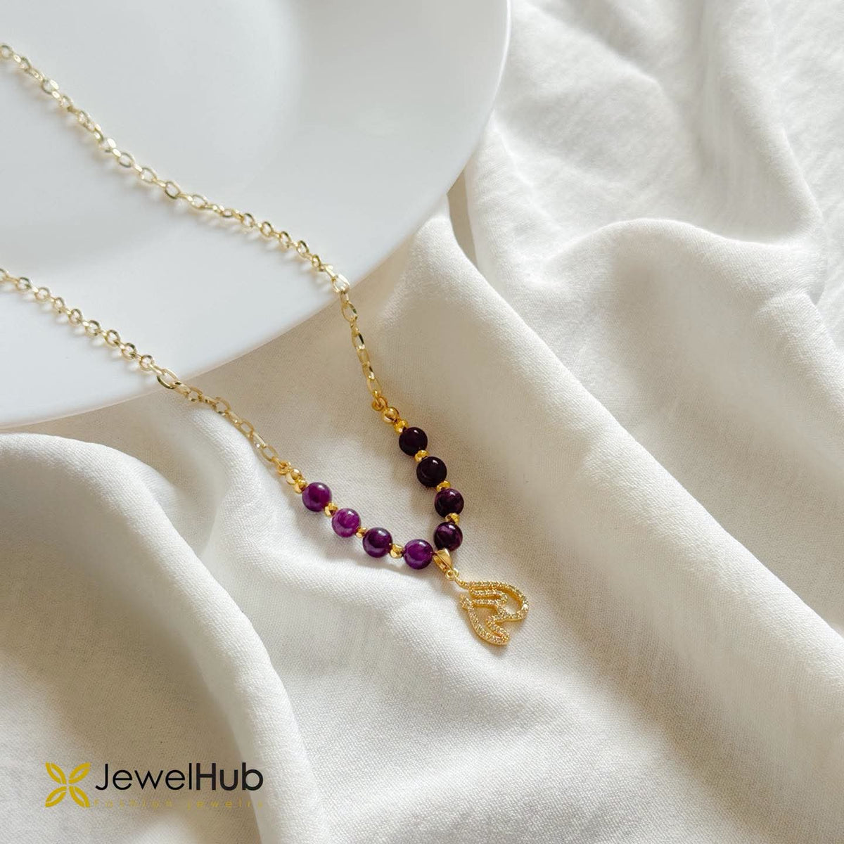 Gold Pendant Necklace with  Amethyst Beads الله