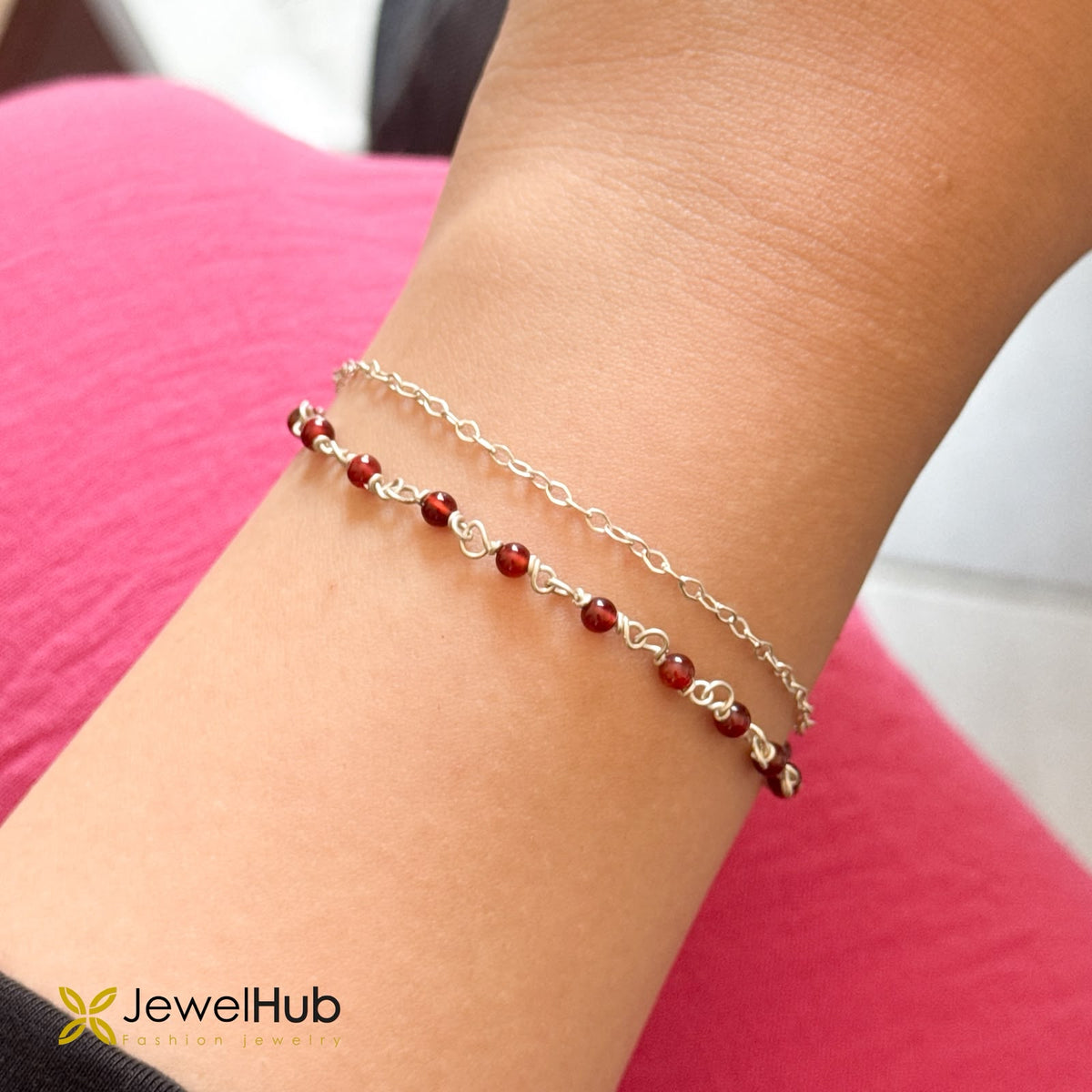 Double Layer Red Bead & Silver Chain Bracelet