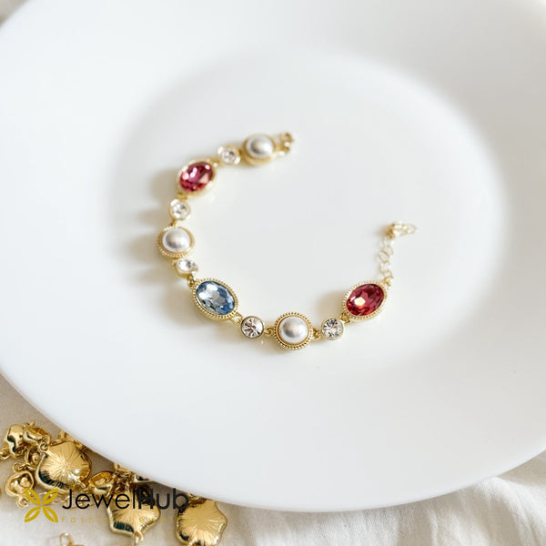 Gold Multi-Gemstone Oval Crystal Bracelet – Ruby Red, Sapphire Blue & Pearl Link Chain